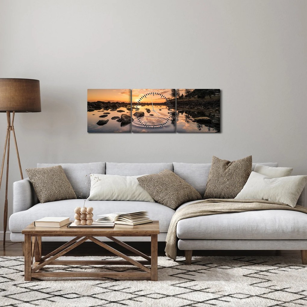 Obraz - Západ slnka pri jazere (s hodinami) (90x30 cm)