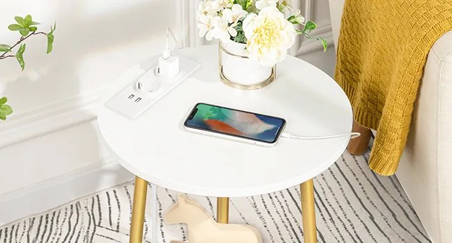 Okrúhly odkladací stolík Vasagle Luretta 40 cm s nabíjacou stanicou biely/zlatý