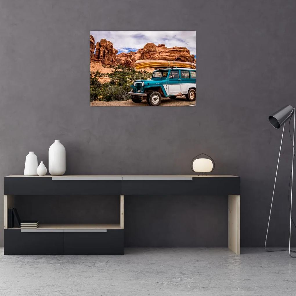 Sklenený obraz terénneho auta v horách (70x50 cm)