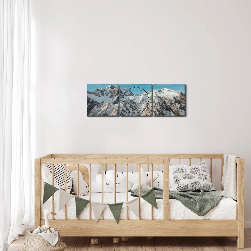 Obraz zasnežených vrcholkov, Fiordland (s hodinami) (90x30 cm)