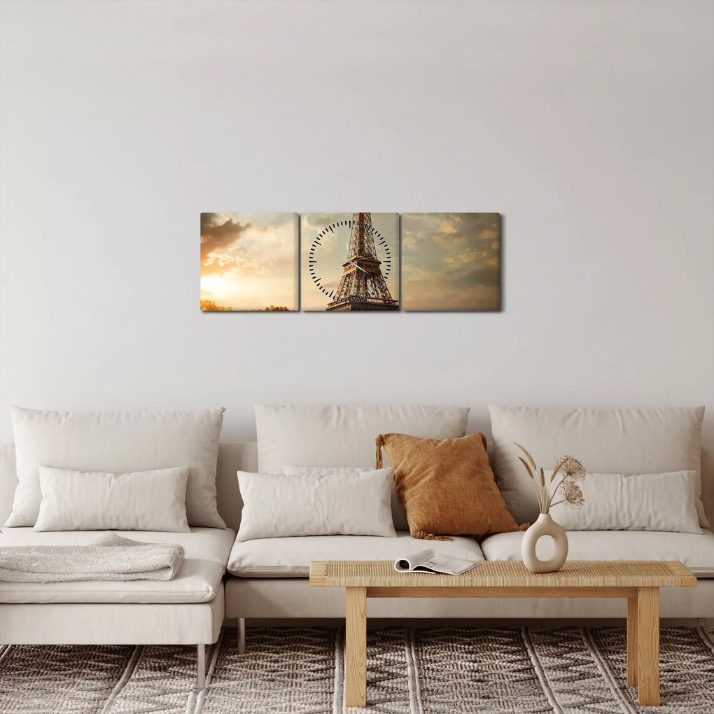 Obraz - Eiffelova veža, Paríž, Francúzsko (s hodinami) (90x30 cm)