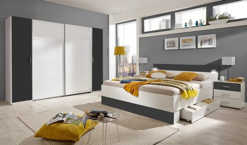 Posteľ s nočnými stolíkmi Cheep 180x200 cm, biela/grafit