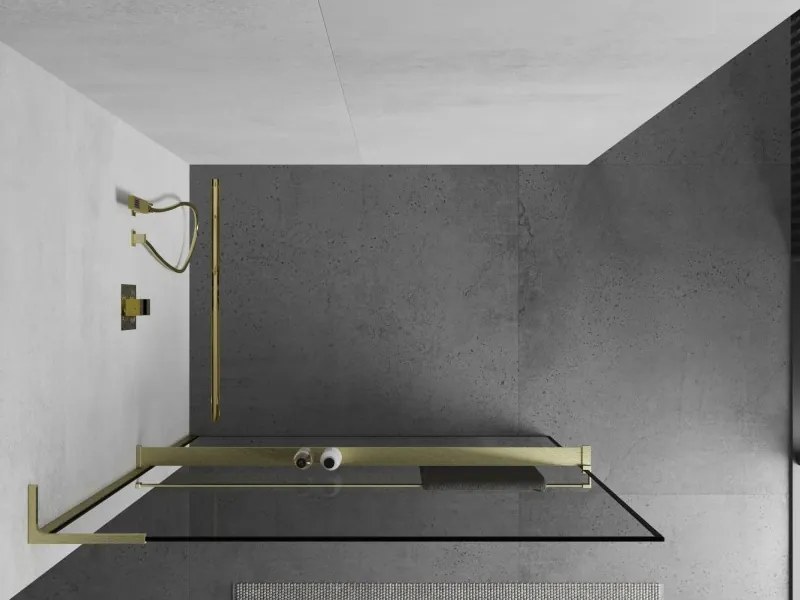 Mexen Kioto+ L, sprchová zástena Walk-In s poličkou a vešiakom 110 x 200 cm, 8mm číre sklo čierny vzor, zlatý matný profil, 800-110-123-55-70