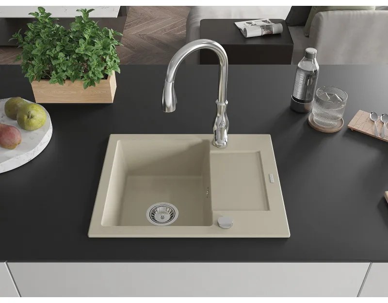Mexen Enzo, 1-komorový granitový drez 576x465x174 mm a drezová batéria Savita, béžová, 6506-69-672601-00