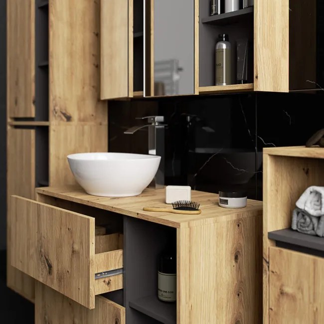 Kúpeľňová zostava VAMI s otvormi na umývadlo, dub artisan / grafitová / sivá