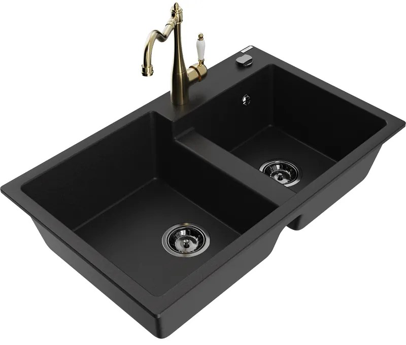 Mexen Tomas, granitový drez 800x500x190 mm, 2-komorový a drezová batéria Carla, čierna, 6516-77-670700-50-B