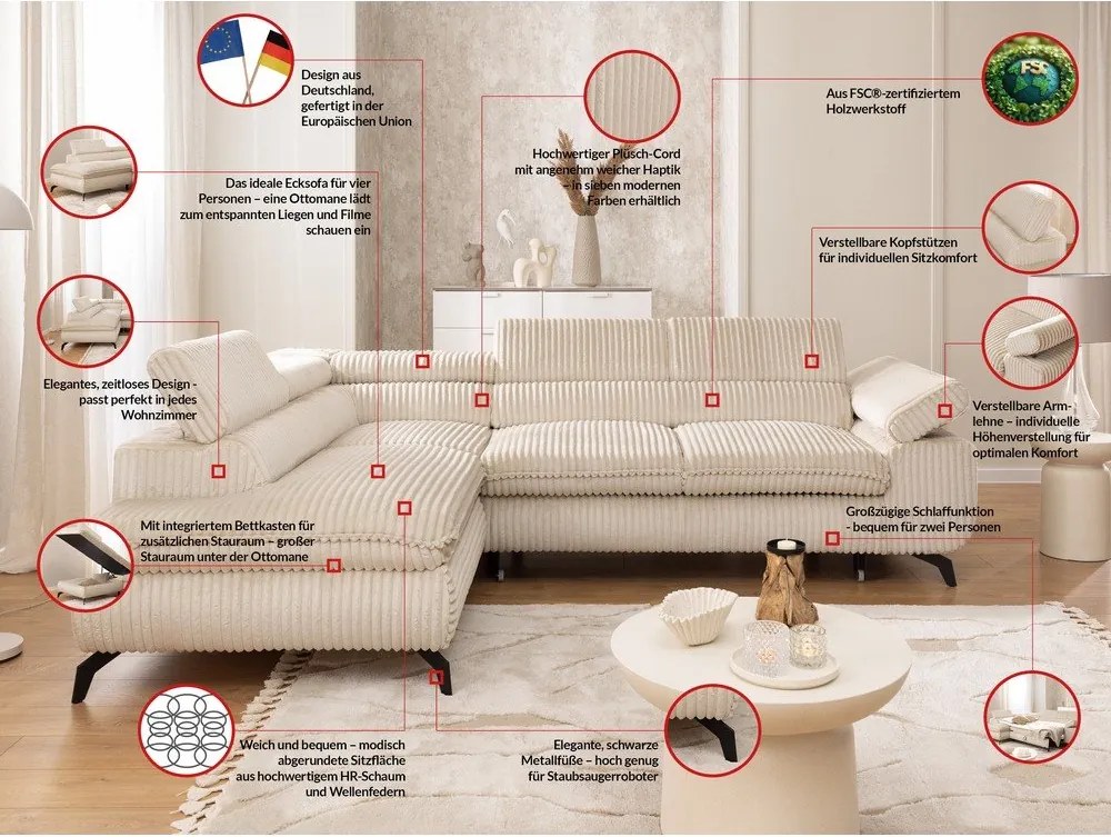 Béžová menčestrová rohová pohovka (ľavý roh/do L) Marbeya – Ropez