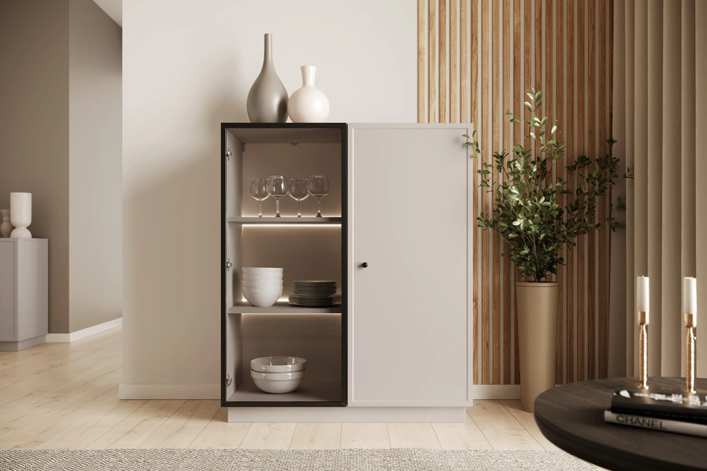 Vitrína Lorini 100 cm dvojdverová na sokli - kašmír / čierna úchytka