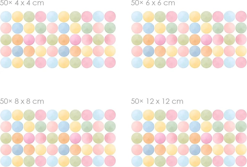Akvarelové bodky pastelové 50ks textilné prelepiteľné nálepky na stenu 50 ks 4x4 cm