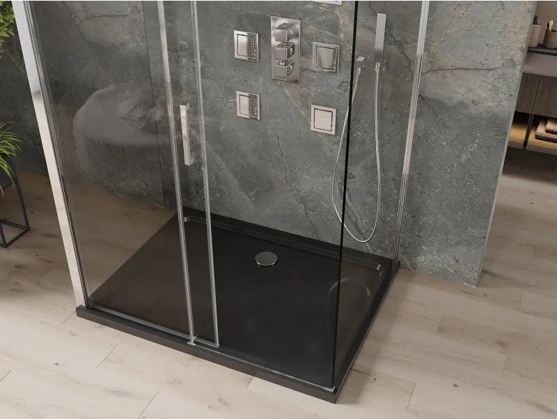 Mexen Omega, 3-stenový sprchovací kút s posuvnými dverami 100 (dvere) x 80 (stena) x 190 cm, 8mm číre sklo, chrómový profil + čierna sprchová vanička SLIM, 825-100-080-01-00-3S-4070