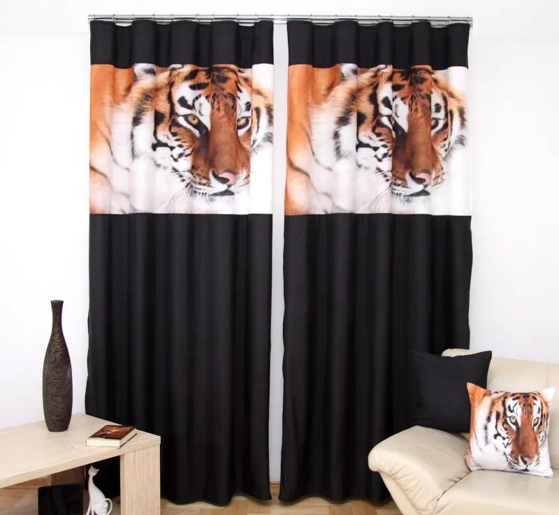 3D čierne závesy do obývačky s hlavou tigra