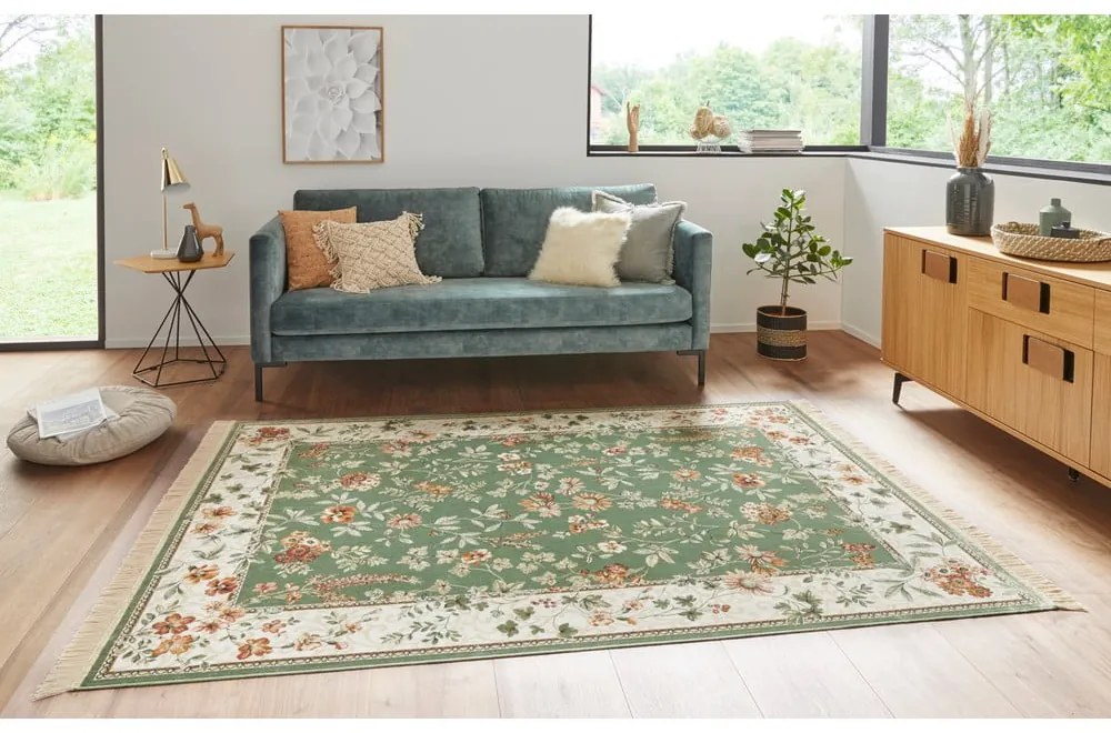 Zeleno-krémový koberec z viskózy 135x195 cm Oriental – Nouristan