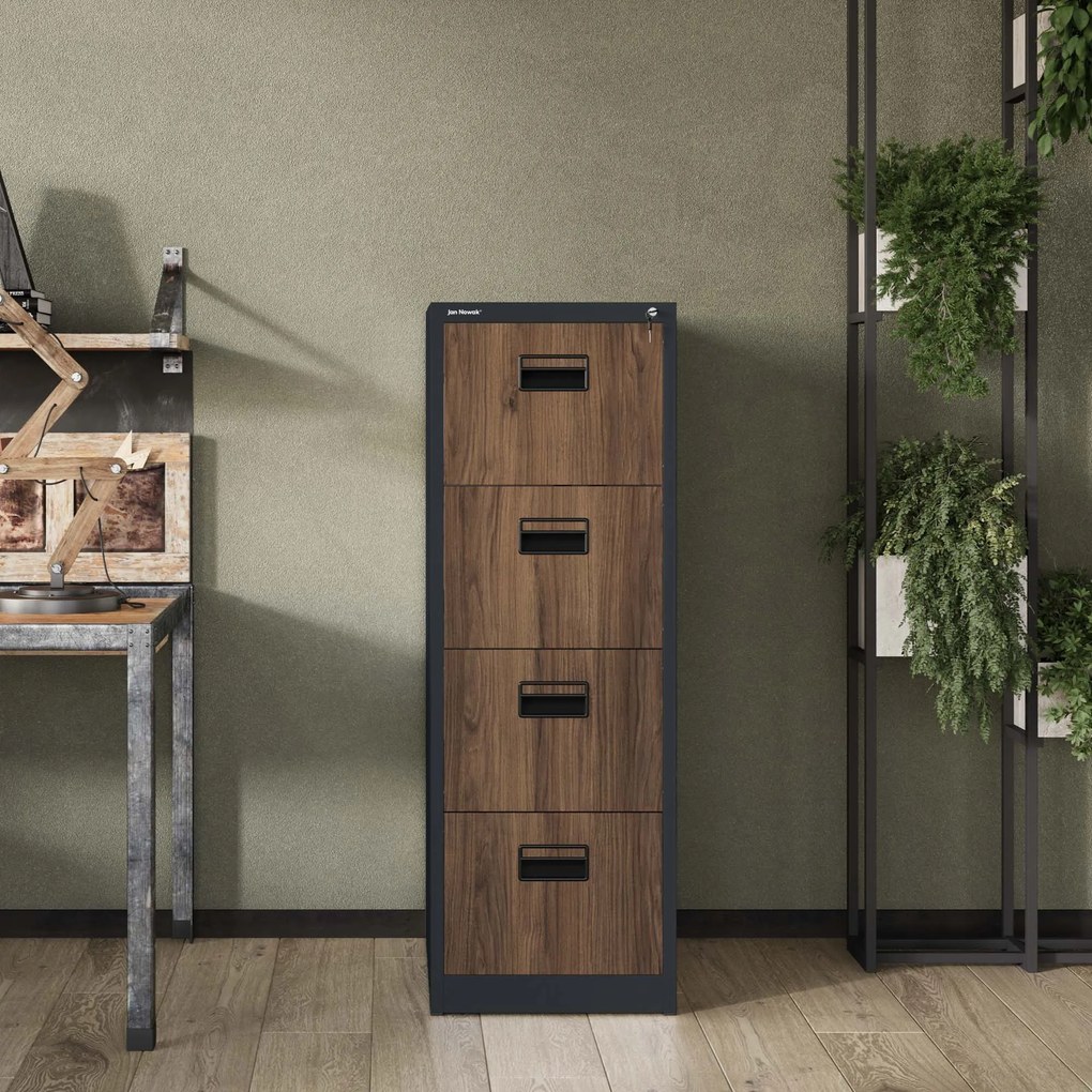 Kovová kartotéka, 4 zásuvky SARA V4, 460 x 1320 x 620 mm, Eco Desing: antracitová/ orech