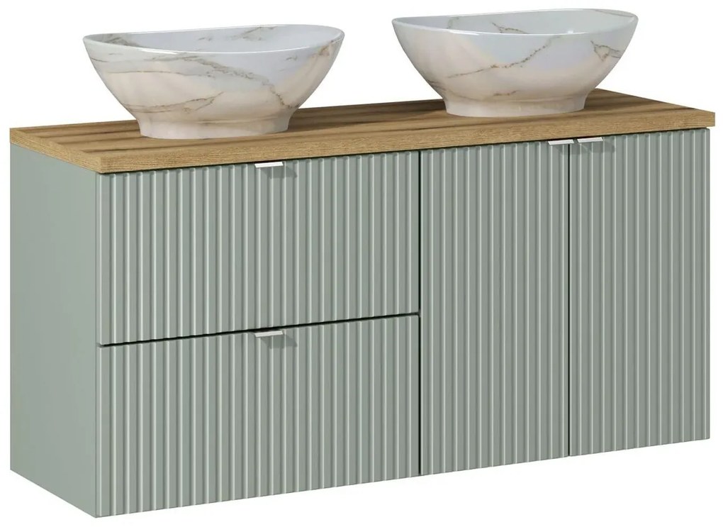 Závěsná skříňka Line Reed Green Pati s deskou a umyvadly 120 cm zelená/dub evoke