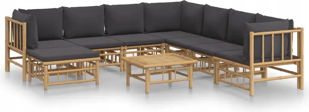 vidaXL 9-dielna sada záhradného nábytku, tmavošedé vankúše, bambus