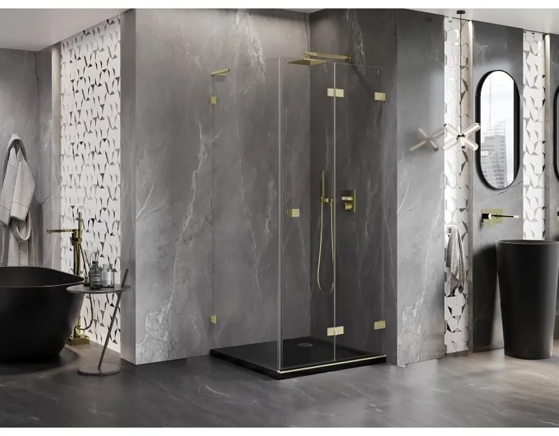 Mexen Lunar-F L, 1-krídlový sprchový kút so skladacími dverami, pravý, 90 x 90 cm, 8mm číre sklo, zlatý matný profil, 836L-090-090-55-00-P