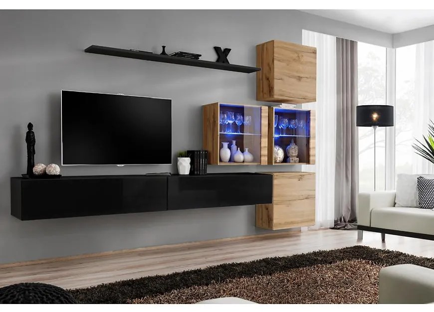 Obývacia stena Switch XIX Sklo +LED  čierna/Wotan