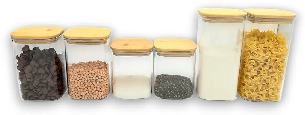 Orion Sada 6 sklenených hranatých dóz s bambusovým vekom - BORO6