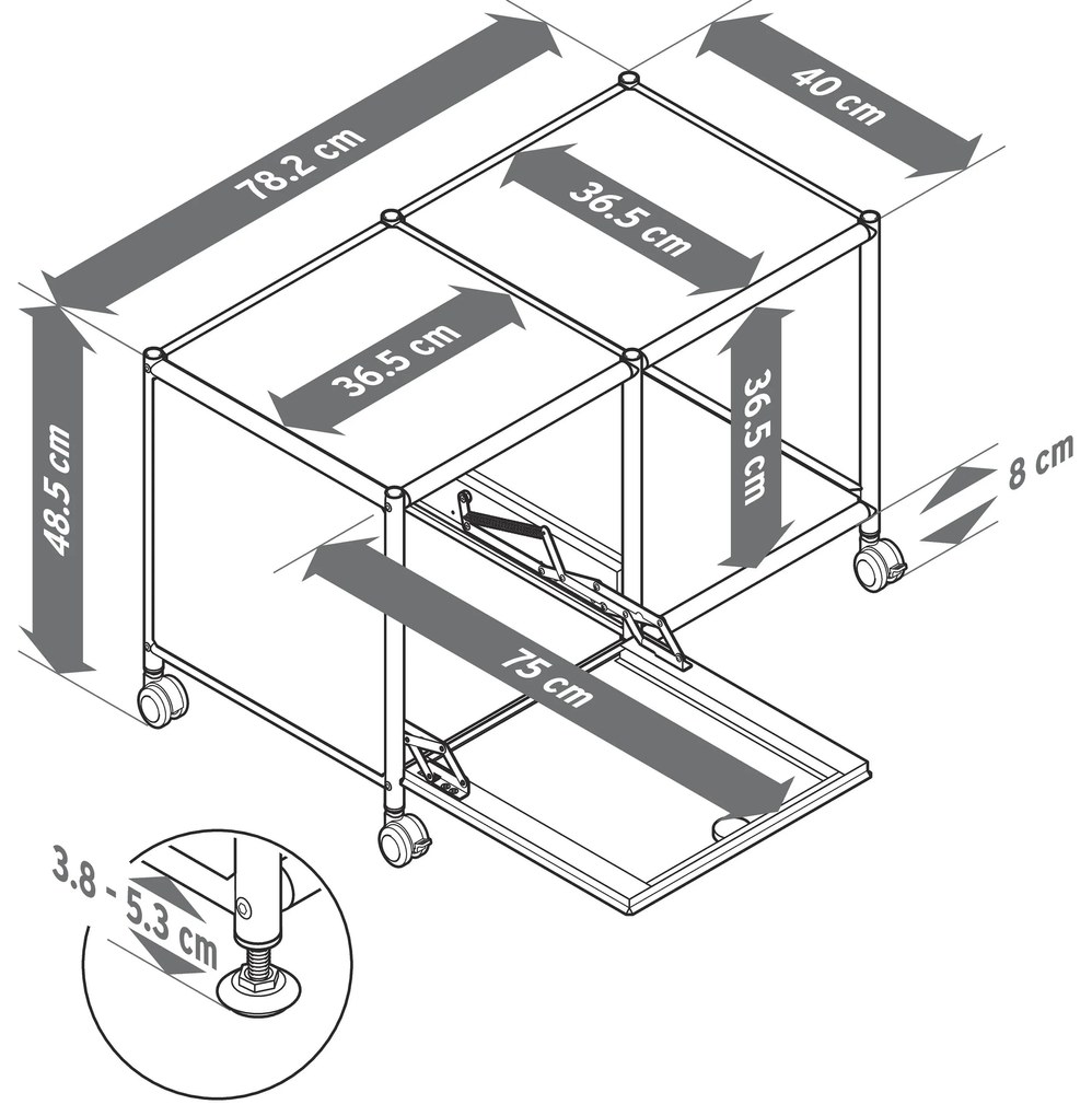 Kovový nočný stolík »CN3« s 1 výklopným priečinkom a kolieskami, sivý