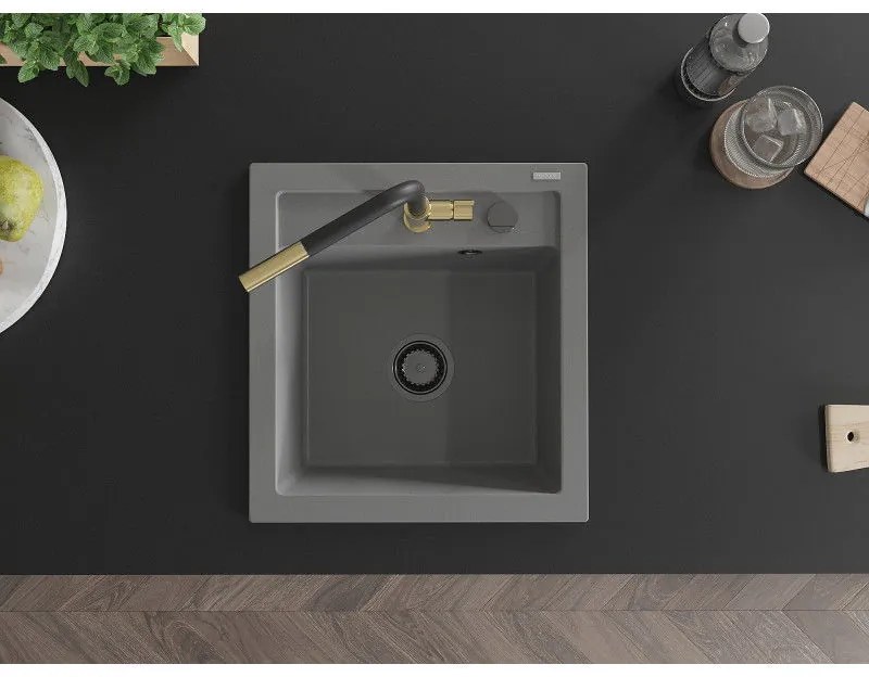 Mexen Vito, 1-komorový granitový drez 490x520x210 mm a drezová batéria Flora, šedá, 6503-71-670401-57-B
