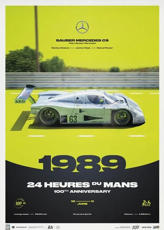 Umelecká tlač Sauber Mercedes C9 - 24h Le Mans - 100th Anniversary - 1989, Automobilist