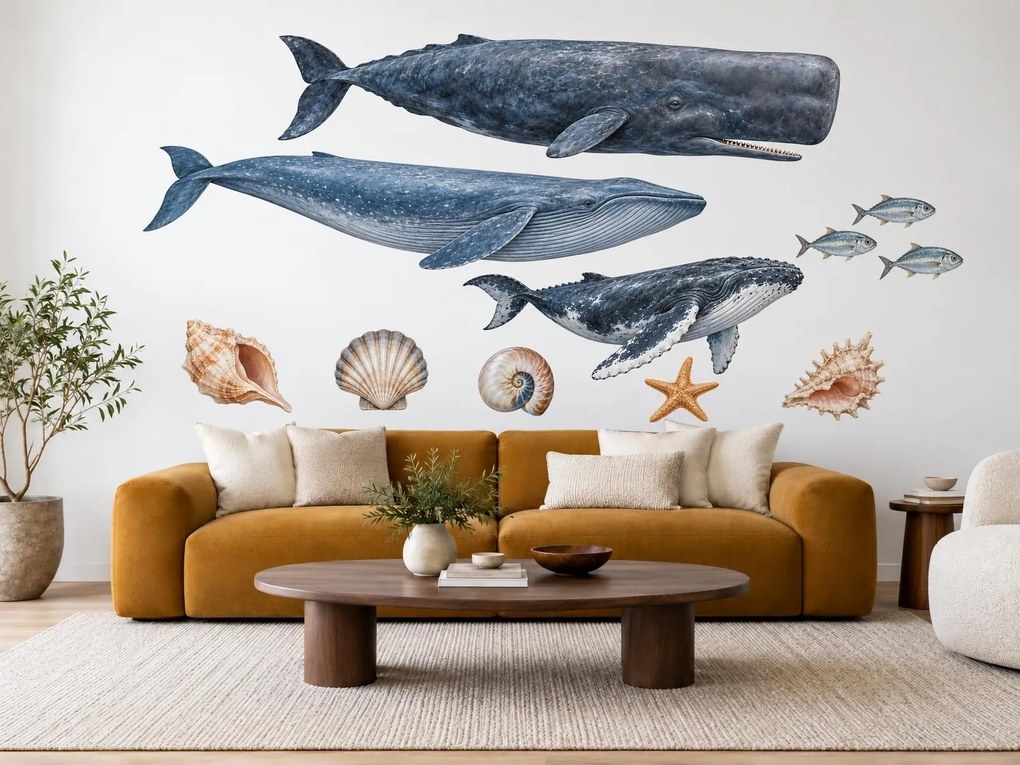 Veľryby z hlbín oceánu realistické nálepky s veľrybami do obývačky na stenu arch 46 x 34 cm