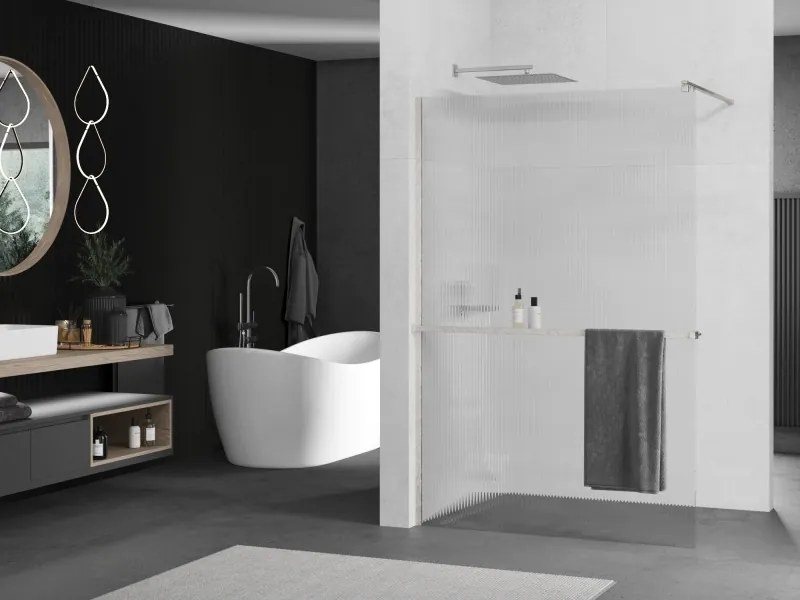Mexen Kioto+, sprchová zástena Walk-In s poličkou a vešiakom 80 x 200 cm, 8mm sklo s rebrovým vzorom, brúsená oceľ profil, 800-080-121-97-09