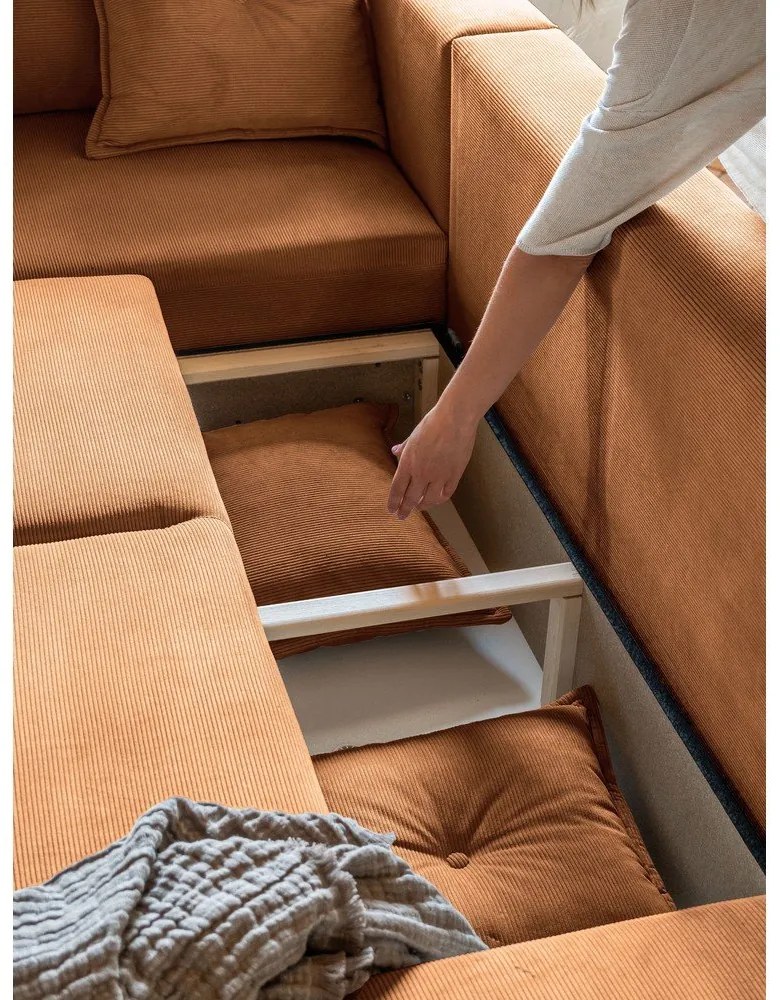 Menčestrová rozkladacia rohová pohovka v tehlovej farbe (ľavý roh) Lazy Lukka – Miuform