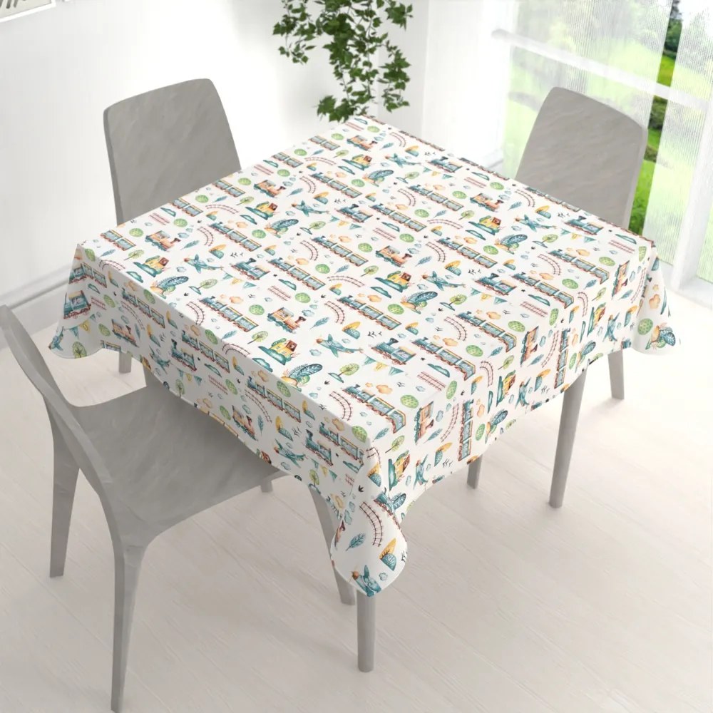 Biante Detský bavlnený štvorcový obrus Sandra SA-659 Modré vláčiky s lietadielkami na bielom 90x90 cm