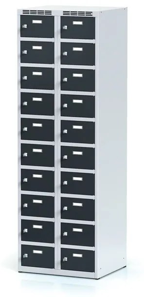 Alfa 3 Šatníková skrinka s úložnými boxami, 20 boxov, 1800 x 600 x 500 mm, cylindrický zámok, tmavosivé dvere
