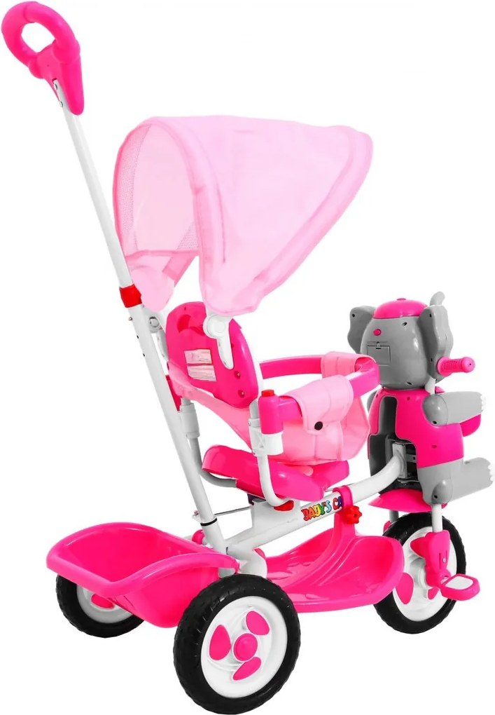 Ramiz Detský trojkolesový bicykel Elephant Ružová + zvuky + strieška + zábrana + opierka na nohy + rukoväť + úložný priestor