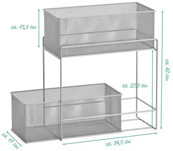 Kovový 2-poschodový zásuvkový box, organizér s 2 košmi, sivá mriežka, MESH