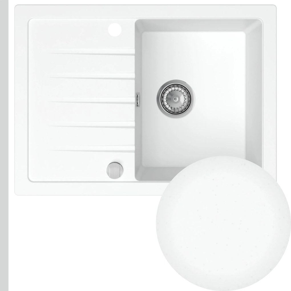 Sink Quality Titanite, kuchynský granitový drez 680x495x215 mm + chrómový sifón, biela, SKQ-TIT.W.1KKO.X