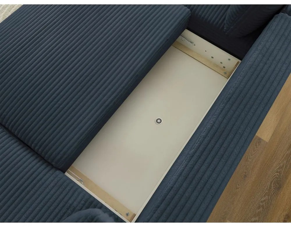 Tmavomodrá menčestrová rozkladacia/s úložným priestorom rohová pohovka (ľavý roh/do tvaru "U") Lucien – Bobochic Paris