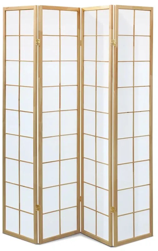 Paraván dřevěný 4 dílný, masiv smrk, bílá netkaná textilie, přírodní odstín