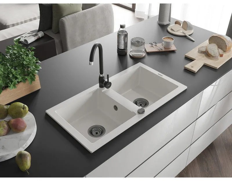 Mexen Mario, 2-komorový granitový drez 820x436x161 mm a čierna drezová batéria Telma, biela, 6504-20-670200-70