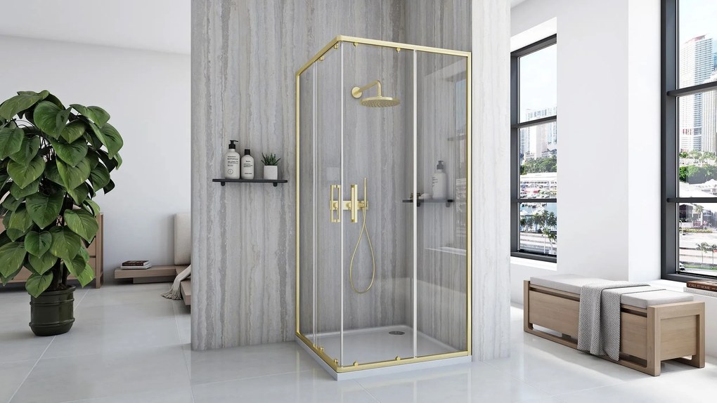 Rea City, sprchovací kút s posuvnými dverami 90(dvere) x 90(dvere) x 190 cm, zlatý matný profil + biela sprchová vanička Savoy, KPL-K6443