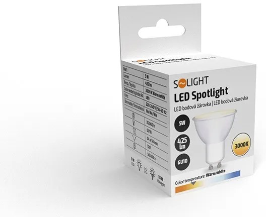 SOLIGHT LED žiarovka bodová PAR16 5W, GU10, 3000K, 425lm, teplá biela