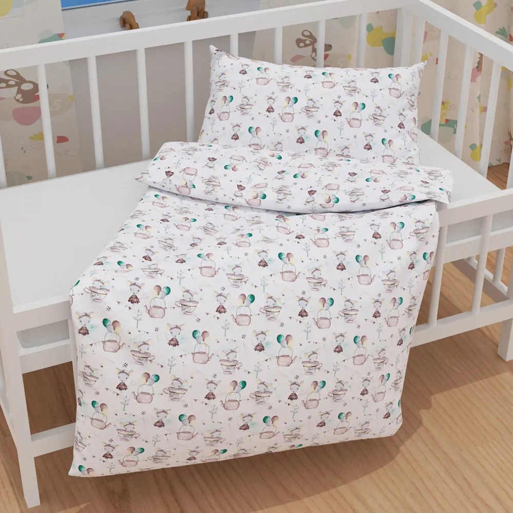 Biante Detské bavlnené posteľné obliečky do postieľky Sandra SA-372 Myšky a konvičky na bielom Do postieľky 90x120 a 40x60 cm