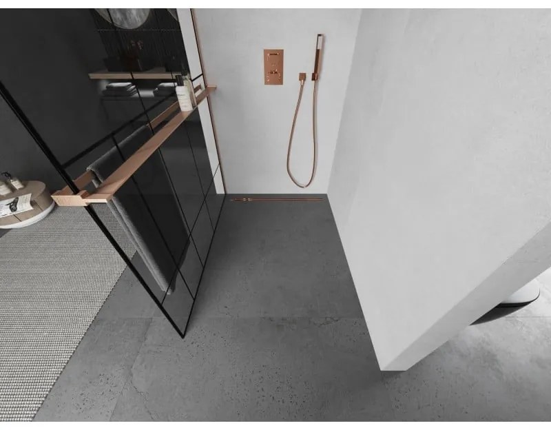 Mexen Kioto+ L, sprchová zástena Walk-In s poličkou a vešiakom 120 x 200 cm, 8mm číre sklo čierny vzor, medený matný profil, 800-120-123-65-78