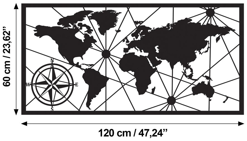 Nástenná kovová dekorácia Svetová mapa Led 452 čierna