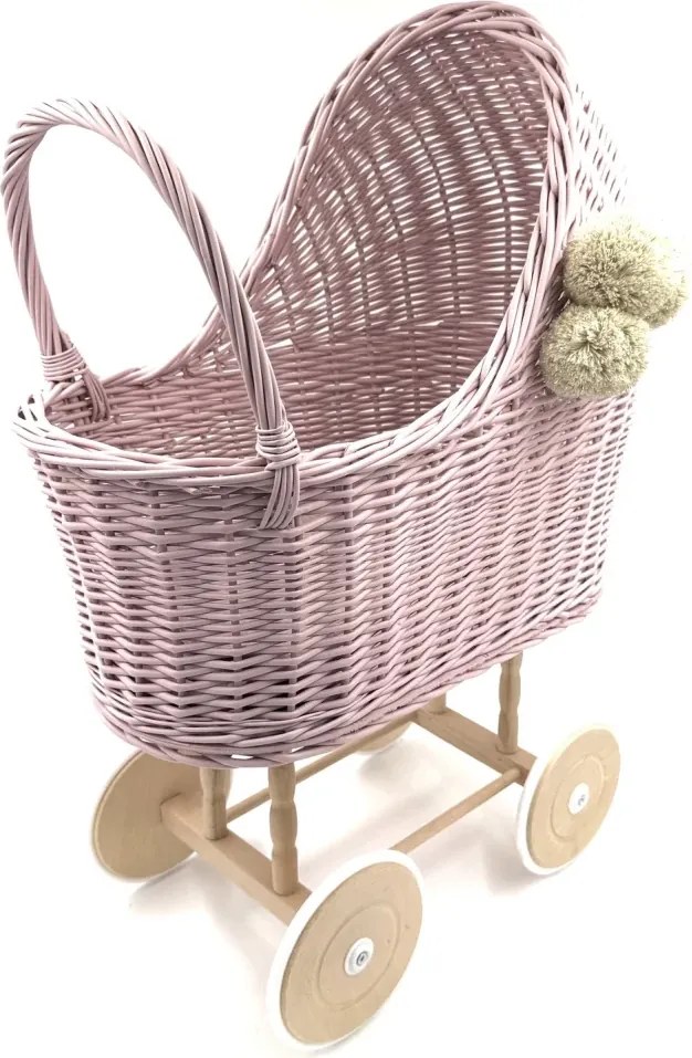 Prútený vysoký kočík pre bábiky ružová