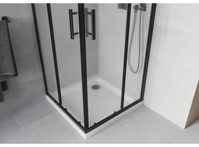 Mexen Rio, štvorcový sprchovací kút s posuvnými dverami 80(dvere) x 80(dvere) x 190 cm, 6mm sklo námraza, čierny profil + biela sprchová vanička SLIM, 860-080-080-70-30-4010B