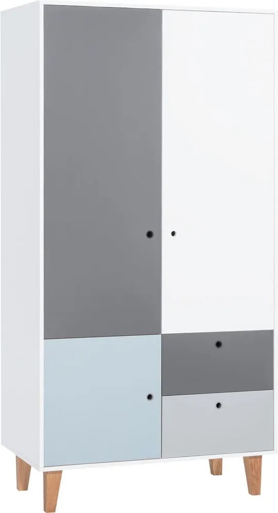 Bielo-sivá dvojdverová šatníková skriňa s modrým detailom Vox Concept