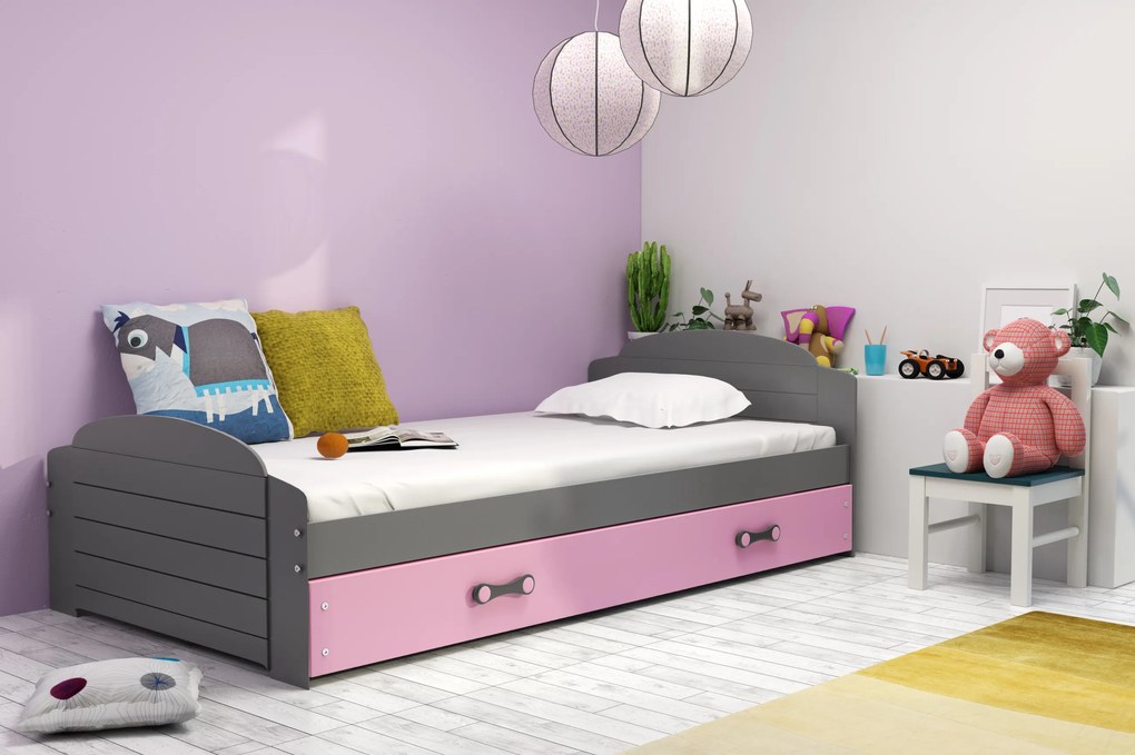 Interbeds Jednolôžková posteľ Lili2 Grafit pre teenagerov 200x90 s matracom a šuplíkom - ružová