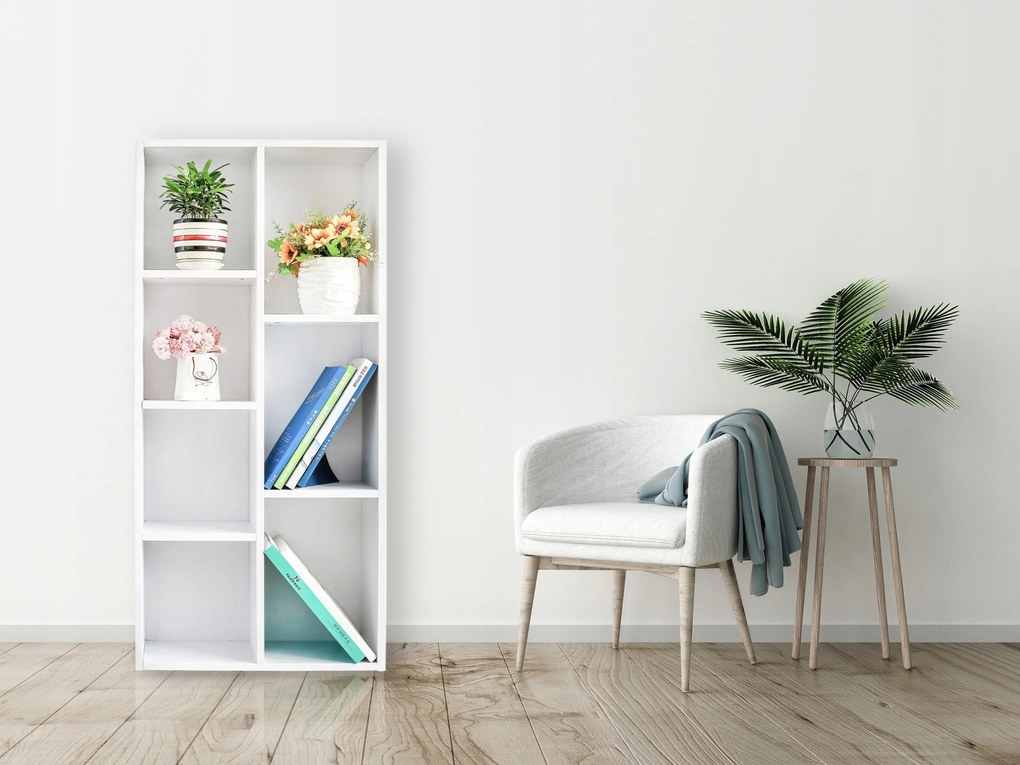 ModernHome Drevená knižnica - 7 políc biela