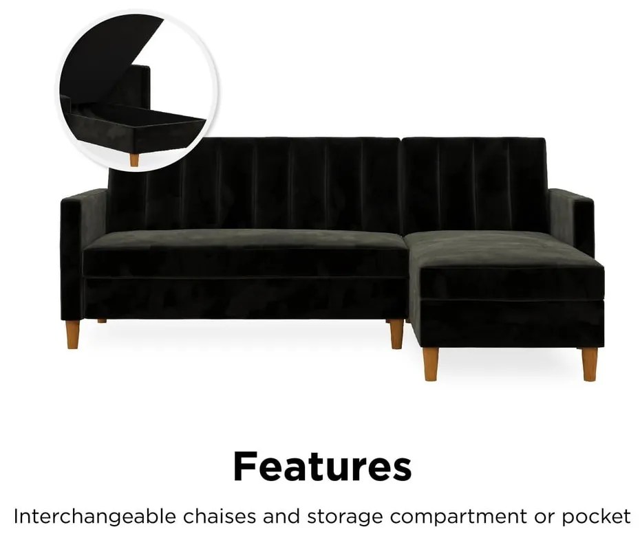 Čierna variabilná rozkladacia rohová pohovka so zamatovým povrchom a úložným priestorom Støraa Celine