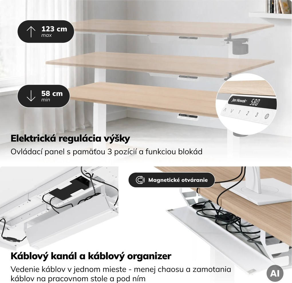 Elektrický stôl s nastaviteľnou výškou ergonomický biely/dub sonoma,1600x800 mm: ARIA