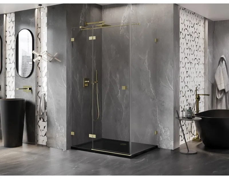 Mexen Lunar T, sklápací sprchový kút ľavý 135 x 70 cm, 8mm číre sklo, zlatý matný profil, 834T-135-070-55-00-L