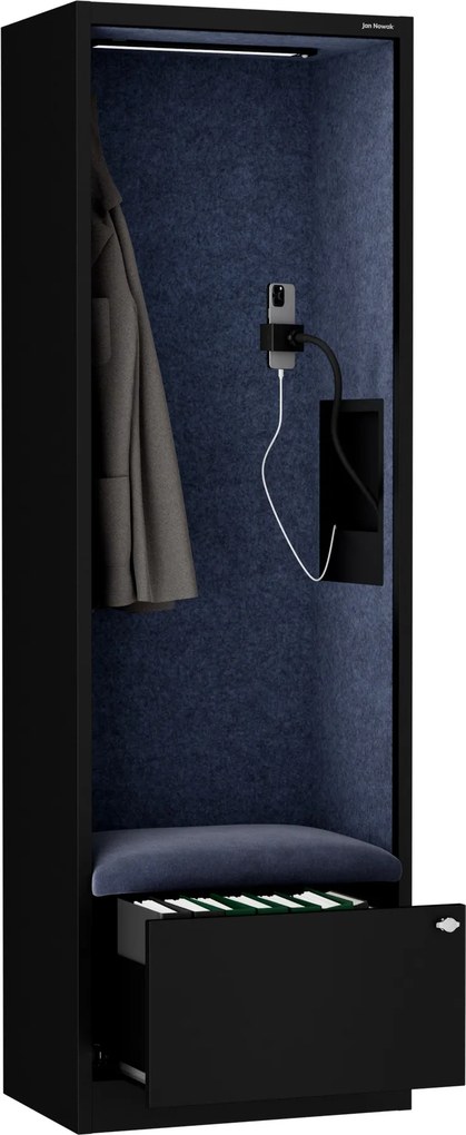 Kancelárska akustická kabína so sedadlom a portom USB-C, telo v čierny / sedák tmavomodrá v zelenej farbe, 600 mm: SALLY MentalBox